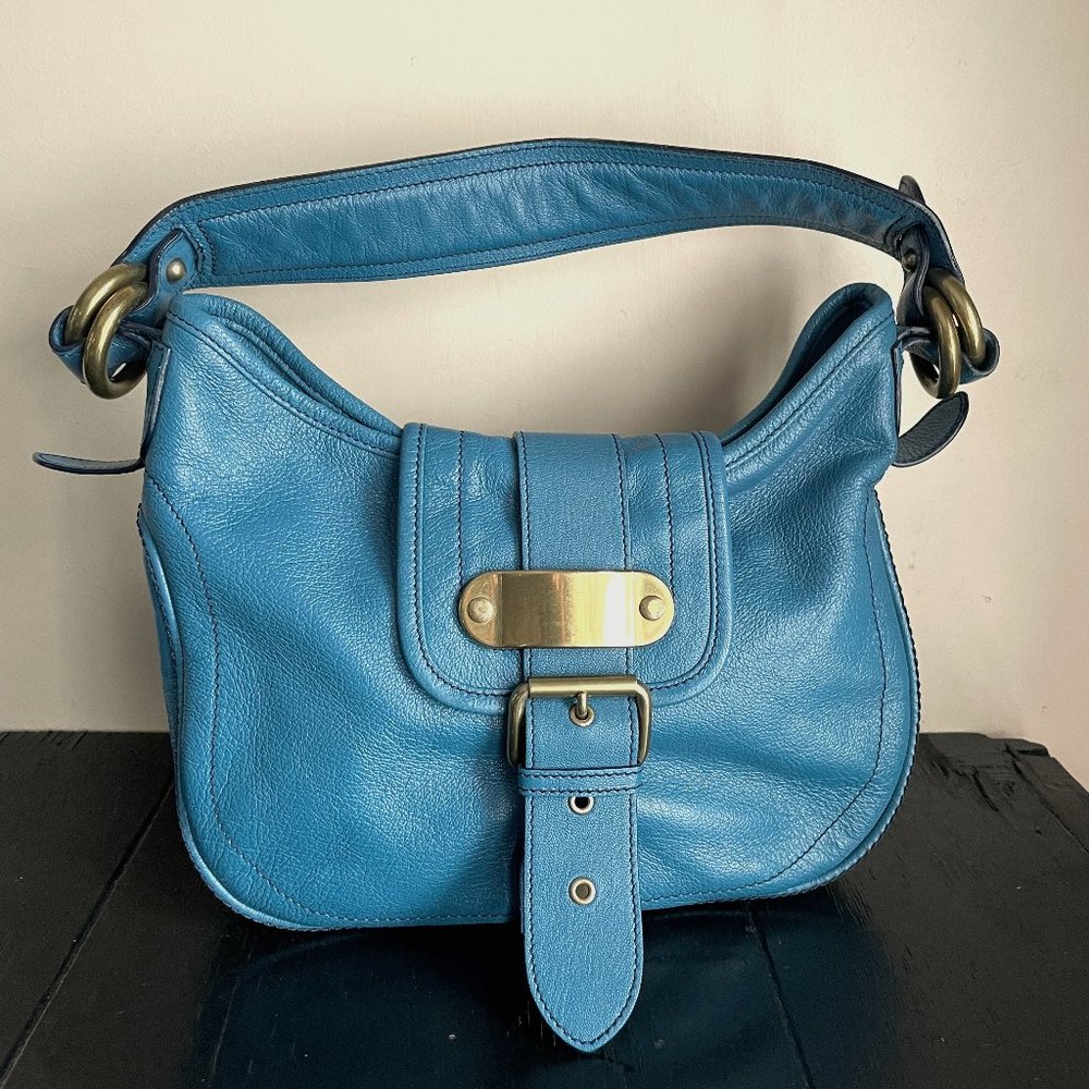 MARC JACOBS Italy Hobo Bag Purse Blue Leather Gold Metal Hardware Shoulder